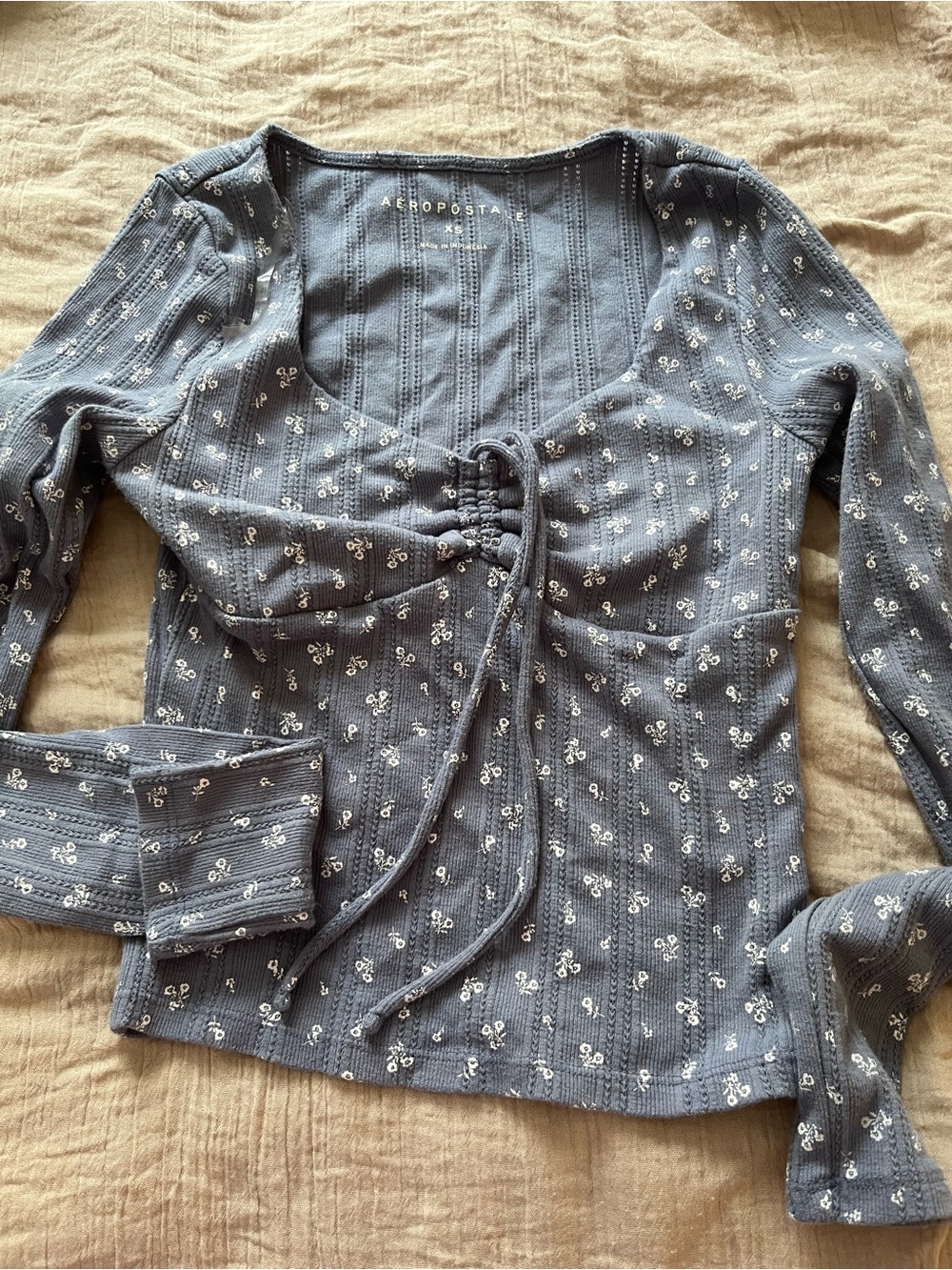 Aeropostale Blue Floral Tie-Front Long Sleeve Top